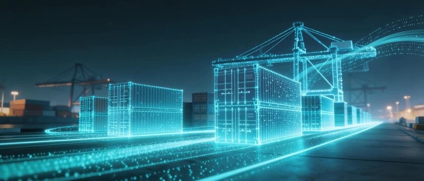 Holographic Container Cranes & Shipping Containers at Nighttime Port Terminal (Wide-angle View of Smart Logistics)
