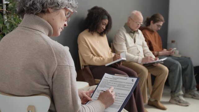 Over shoulder shot of mature female Caucasian patient writing in medical document on clipboard in waiting room in hospital, diverse patients visible in background