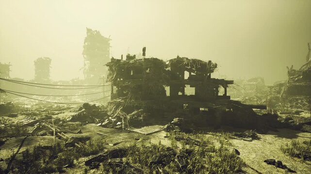green haze over contaminated wasteland, sickly light bathing corroded structures and sludgestreaked concrete, eerie stillness, residue and chemical stains