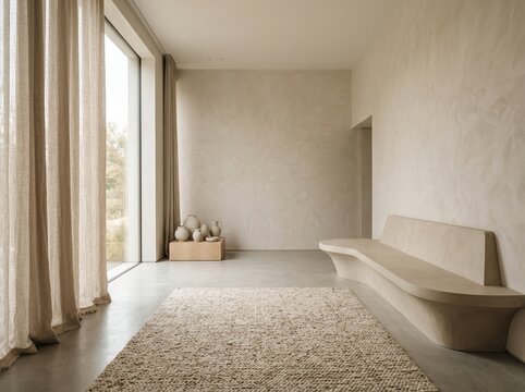 Wide-angle perspective of a spacious empty room with a sculptural bench, plaster wall, ceramic decor, rug, and curtain arranged in