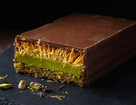 Dubai style milk chocolate bar with kadaif and pistachio