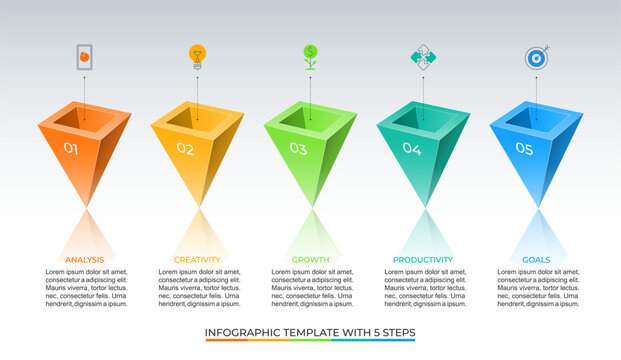 Infographic design template with 5 steps. Can be used for data visualization, timeline, graph, chart, report, web design. Vector illustration