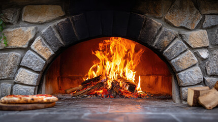 Rustic brick pizza oven radiating intense heat from burning logs and bright flames, ideal for baking savory pizzas and artisanal breads in a traditional setting