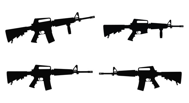 Four black silhouettes of assault rifles against a white background silhouette
