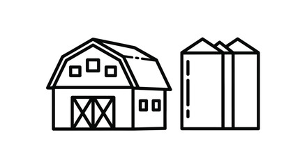Simple black and white illustration of a barn and grain silos silhouette © MDHOJAIFA