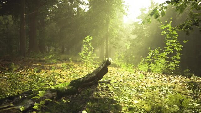 Sunlit landscape in french countryside glade with dramatic foreground log and layered trees, prime location for golden hour photography and creative shoots.