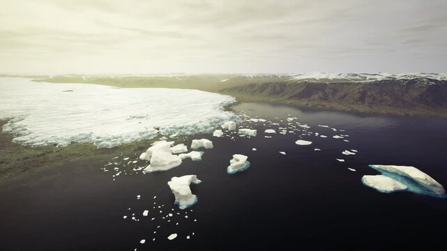 Sunlit Antarctic ice floes drifting toward distant coastline, warm golden glow softening harsh polar scene, expansive aerial perspective emphasizing scale