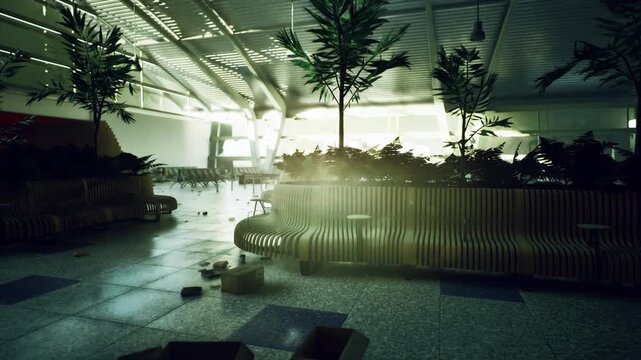 Sunlit indoor atrium overgrown benches and potted trees, scattered broken tiles and moss, golden rays filtering through high windows, nature reclaiming modern