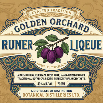 Vector SVG label design for vintage drink featuring a detailed engraved style and premium liqueur information showcasing plums