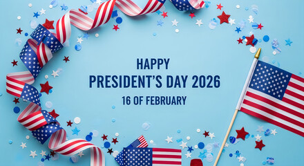 Obraz premium Presidents Day 2026 celebration with American flags, stars, and festive patriotic decorations on light blue background