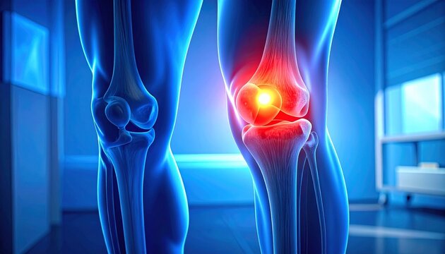 Medical illustration of human knee joint with highlighted pain area, showing bones and inflammation, representing injury, arthritis, discomfort, and orthopedic health in clinical setting