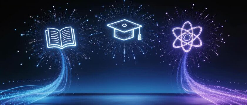 Open Book, Graduation Cap, Atom in Digital Space &mdash; Light-based Illustration Against Dark Blue Background, Frontal View Highlighting Education and Science Concepts