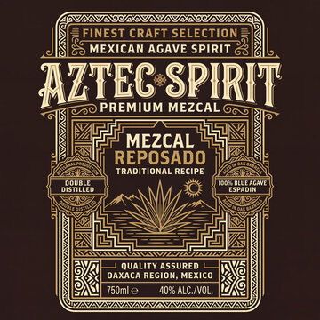 Design of vintage engraved label for Aztec Spirit premium mezcal from Oaxaca region in Mexico