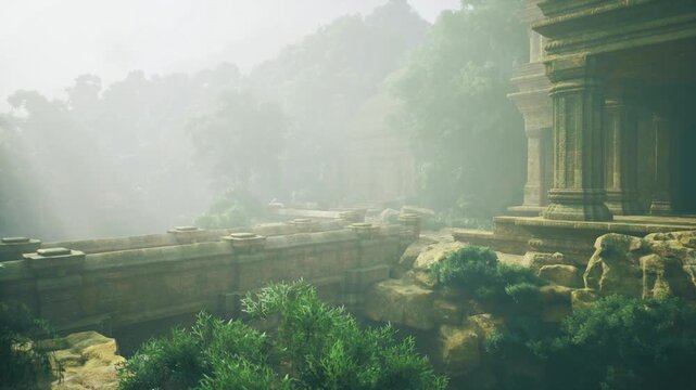 Fog draped sanctuary ruins evoke silent reverence and timeless mystery, emerald canopy and boulder scattered foreground create layered haze and depth, distant