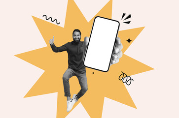 A man is smiling and giving a thumbs up while holding a phone in one hand. The background features...