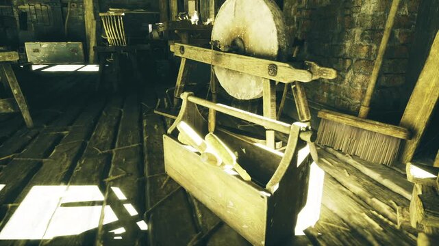 Circular grinding wheel beside open toolbox, bright rim light, focused tools and worn surfaces conveying handson sharpening and precise maintenance ritual