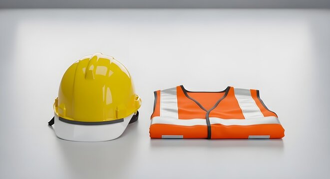 Construction safety gear yellow hard hat and reflective orange vest on white surface
