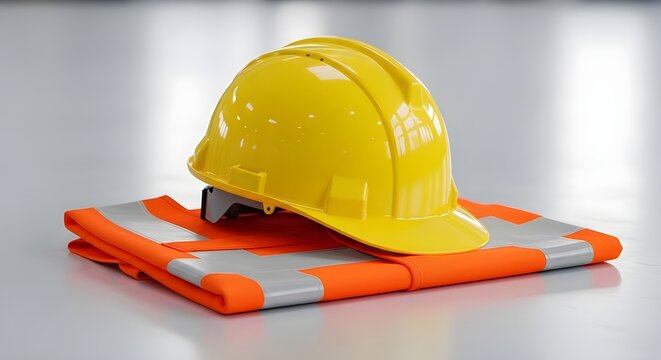 Yellow hard hat and safety vest on a white surface workplace safety equipment