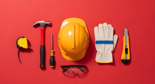 Construction tools laid out on a vibrant red background ready for a project