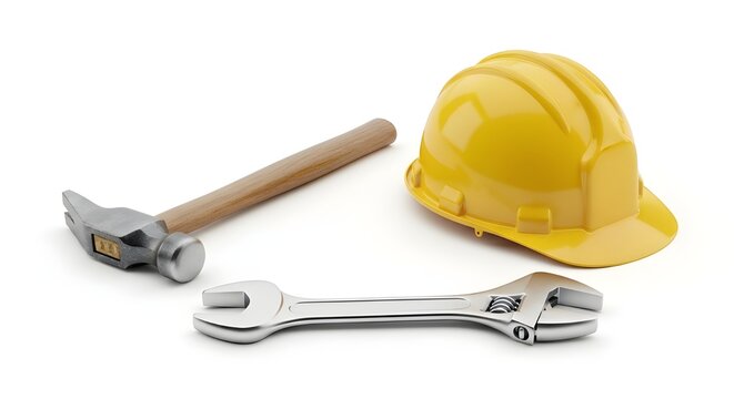 Construction tools a yellow hard hat hammer and wrenches on a white surface