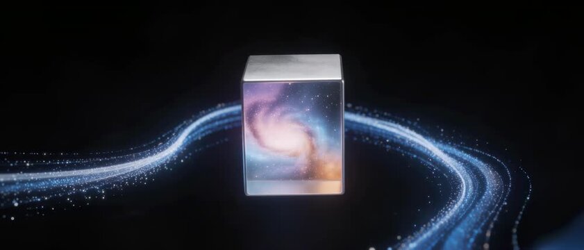 Digital Illustration of Sustainable Urban Life Against a Dark Cosmic Backdrop with Swirling Glowing Light Trails, Close-Up View Highlighting Technological Innovation and Environmental Harmony