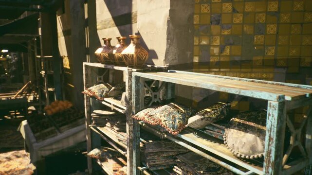 Sunlit market aisle with patterned cushions, Gold Souk market street perspective showing stacked pillows, tiled wall, metal shelving and warm directional sun