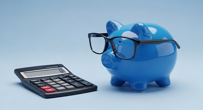 Blue piggy bank wearing black eyeglasses next to calculator displaying zero on light blue background, financial savings concept