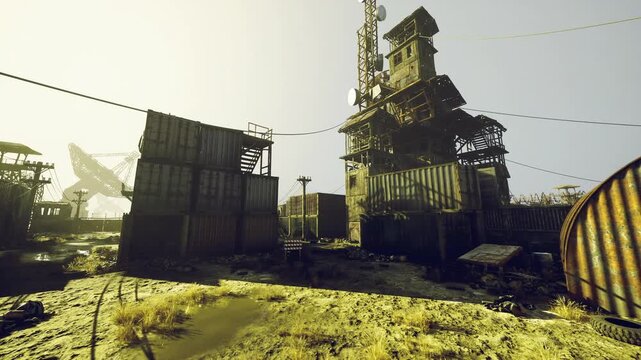 Bright ruined containers and scattered debris, piles of scrap metal, weathered drums, cracked asphalt, windy dust motes, high contrast light, utilitarian