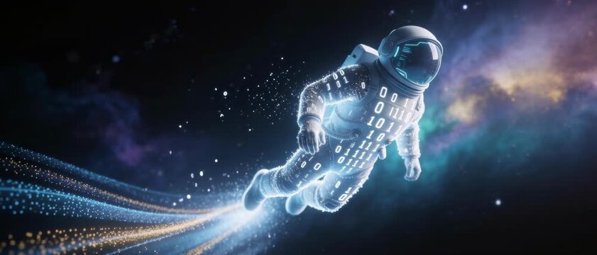 Floating Astronaut Adorned with Glowing Binary Code in Deep Space, an Illustrative Scene Set Against a Nebula-Filled Cosmos, Captured from a Dynamic Side Viewpoint Highlighting Space-Tech Fusion