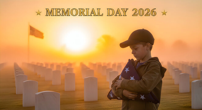 Military veteran saluting at sunrise Memorial Day ceremony with American flags and graves