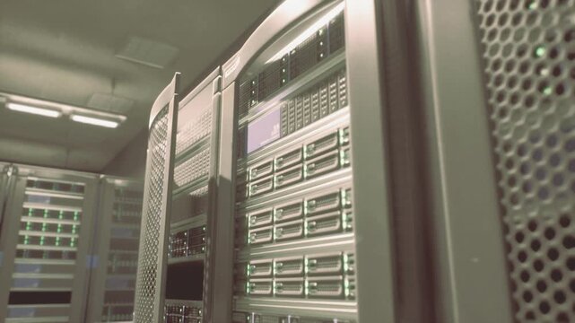Rows of sleek server racks tower in a high tech room, their lights glowing softly. The atmosphere feels cool and focused, perfect for housing powerful computer systems.