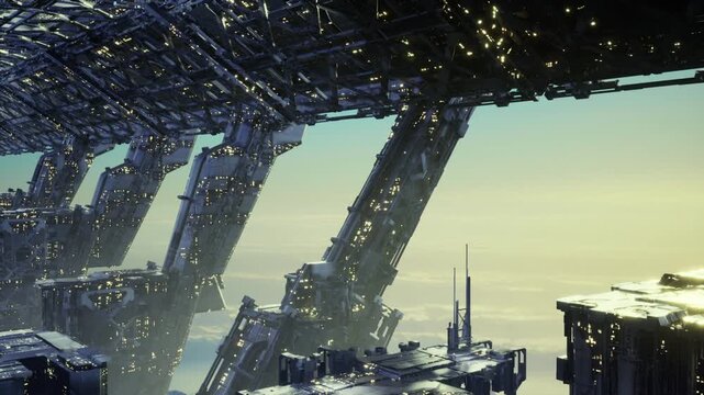 Sunsettinged ruins of massive supports and empty platforms, quiet atmosphere of abandonment with scattered debris and drifting dust, subtle golden haze and cold
