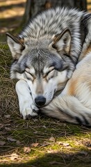 Obraz premium A gray wolf sleeps peacefully, nestled on forest floor with closed eyes