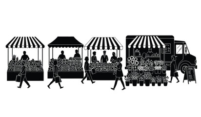 A bustling outdoor farmers market scene depicts vendors shoppers and a food truck all rendered as a striking silhouette high quality professional detailed modern © Thysl2000