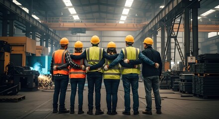 Fototapeta premium Team of construction workers in a factory setting united and focused on their task