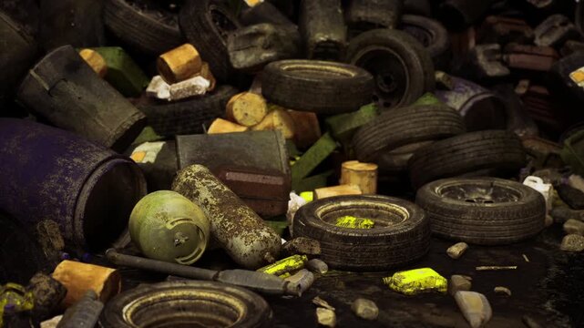 Piled tires and rusted barrels under dim light, scattered yellow absorbents and oily sheen create moody hazard scene in abandoned lot, ideal for environmental