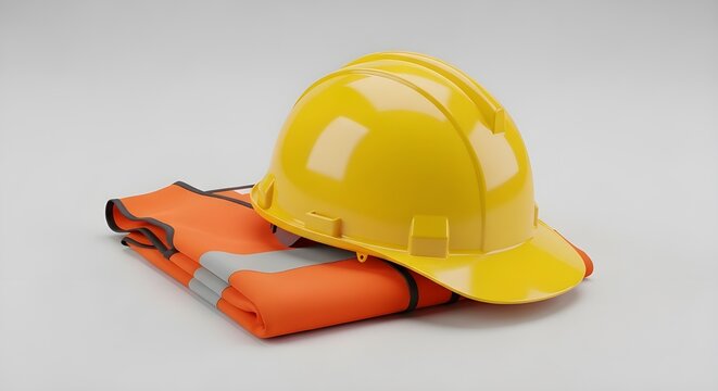 Construction safety gear yellow hard hat and orange reflective vest on white surface