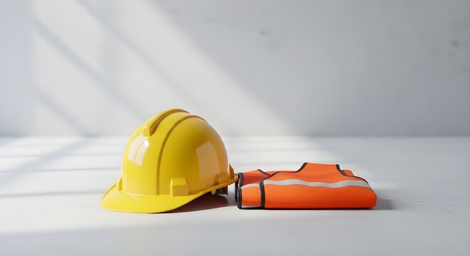 Construction safety gear yellow helmet and orange vest on a white surface