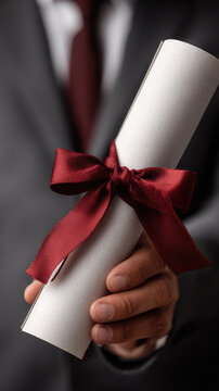 Person holding a rolled certificate or diploma tied with a red ribbon, symbolizing successful graduation, achievement, scholarship, recognition, and academic success