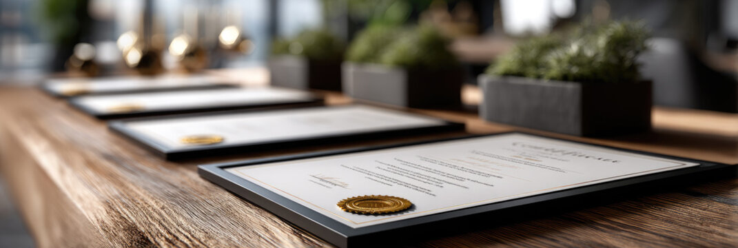 Rows of elegant framed certificates featuring golden seals are neatly arranged on a natural wooden surface, symbolizing academic success, professional achievement, and official recognition