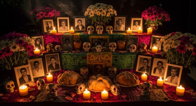 A brightly lit Day of the Dead alter, ofrenda, decorated with marigolds, candles, and framed black and white portraits.