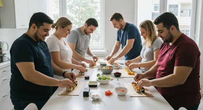 Group of friends, men and women, preparing fresh sushi rolls together at white kitchen table. Home cooking class for healthy meal preparation.