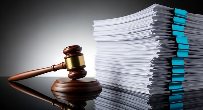 Judge Gavel Beside Huge Stack of Legal Documents and Blue-Tabbed Papers &ndash; Law and Justice Concept