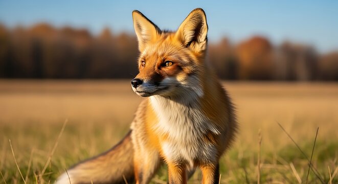 A foxy gaze, bathed in golden light, surveys a sun-drenched autumn field