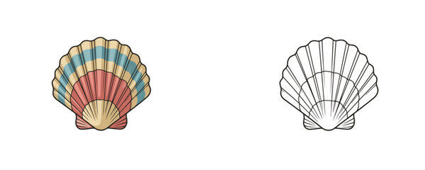 Scallop sea shell illustrations in flat color and black line styles showing nautical bivalve mollusk in red blue and yellow tones on white background for marine design © Dzianis