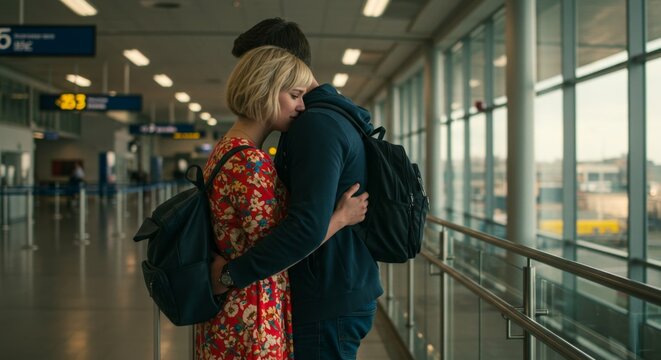 A woman embracing a man in a modern airport terminal. Emotional farewell or reunion scene depicting travel and love.