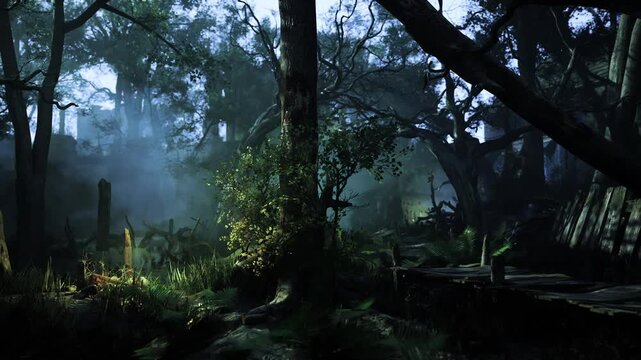 A tranquil forest scene emerges at dawn with soft mist swirling around ancient tree trunks. Lush ferns and remnants of forgotten structures create an enchanting atmosphere.