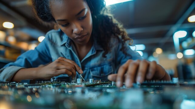 Young engineer focuses intently while assembling circuit boards in a busy workshop filled with tools and technology