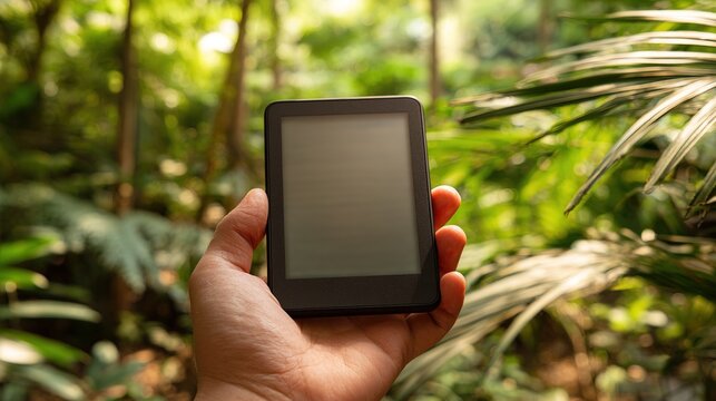 Hand Holding E-reader Amidst Lush Greenery in Forest Setting