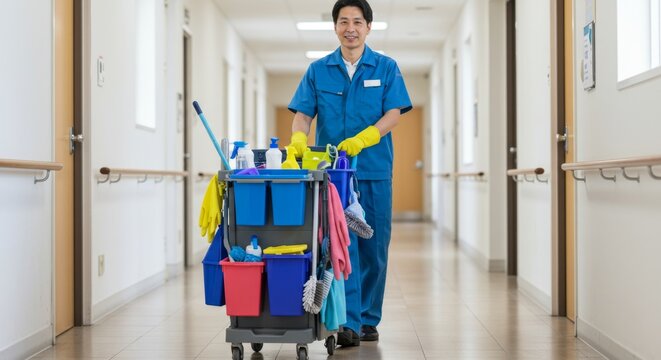Japanese man cleaning a hallway. Housekeeper pushing janitor cart. Hospital, office, school corridor maintenance concept.